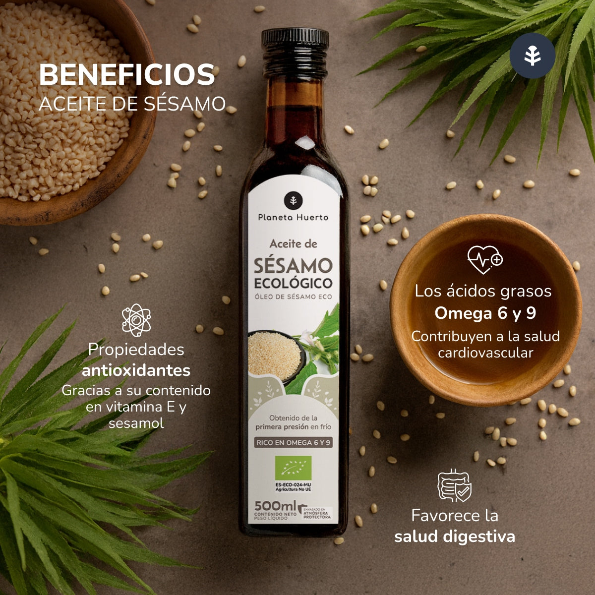 Embalagem de 2 Óleos de Sésamo Prensados ​​a Frio Planeta Huerto ECO 500 ml