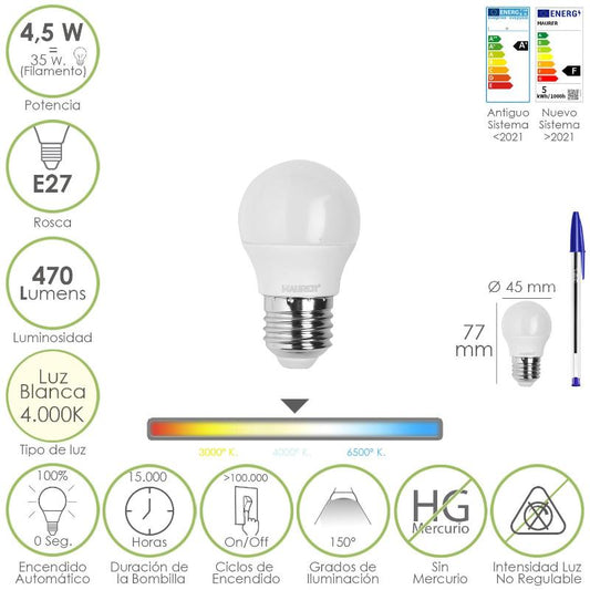 Bombilla Led Esferica Rosca E27 4.5 Watt. Equivale A 55 Watt. 470 Lumenes. Luz Neutra (4000º K)_0