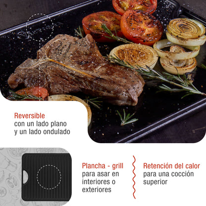 Victoria Plancha Cocina Hierro Fundido Esmaltado Parrilla Reversible 50x35cm, Fuego Barbacoa Sin Ptfe, 34184, Negro_2