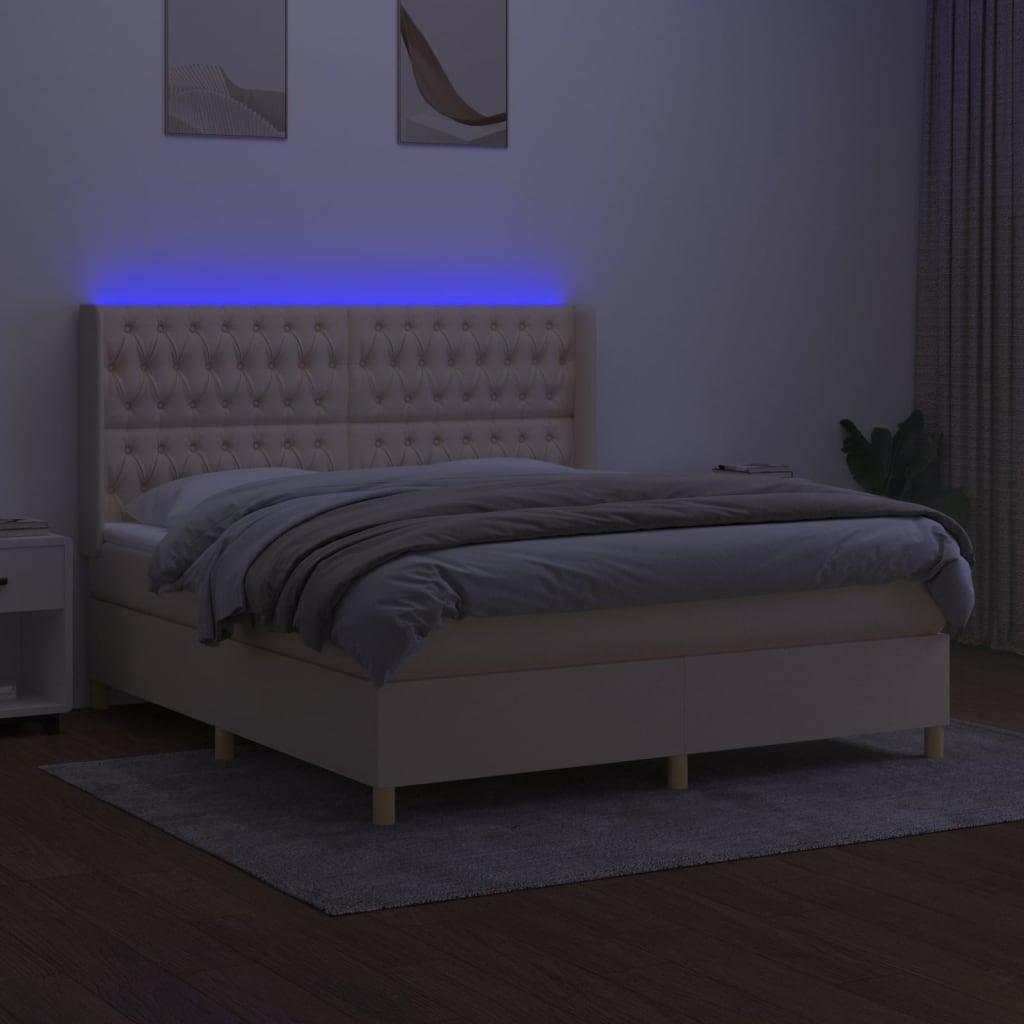Cama Box Spring Colchón Y Luces Led Tela Crema 180x200 Cm / Vetonek_0