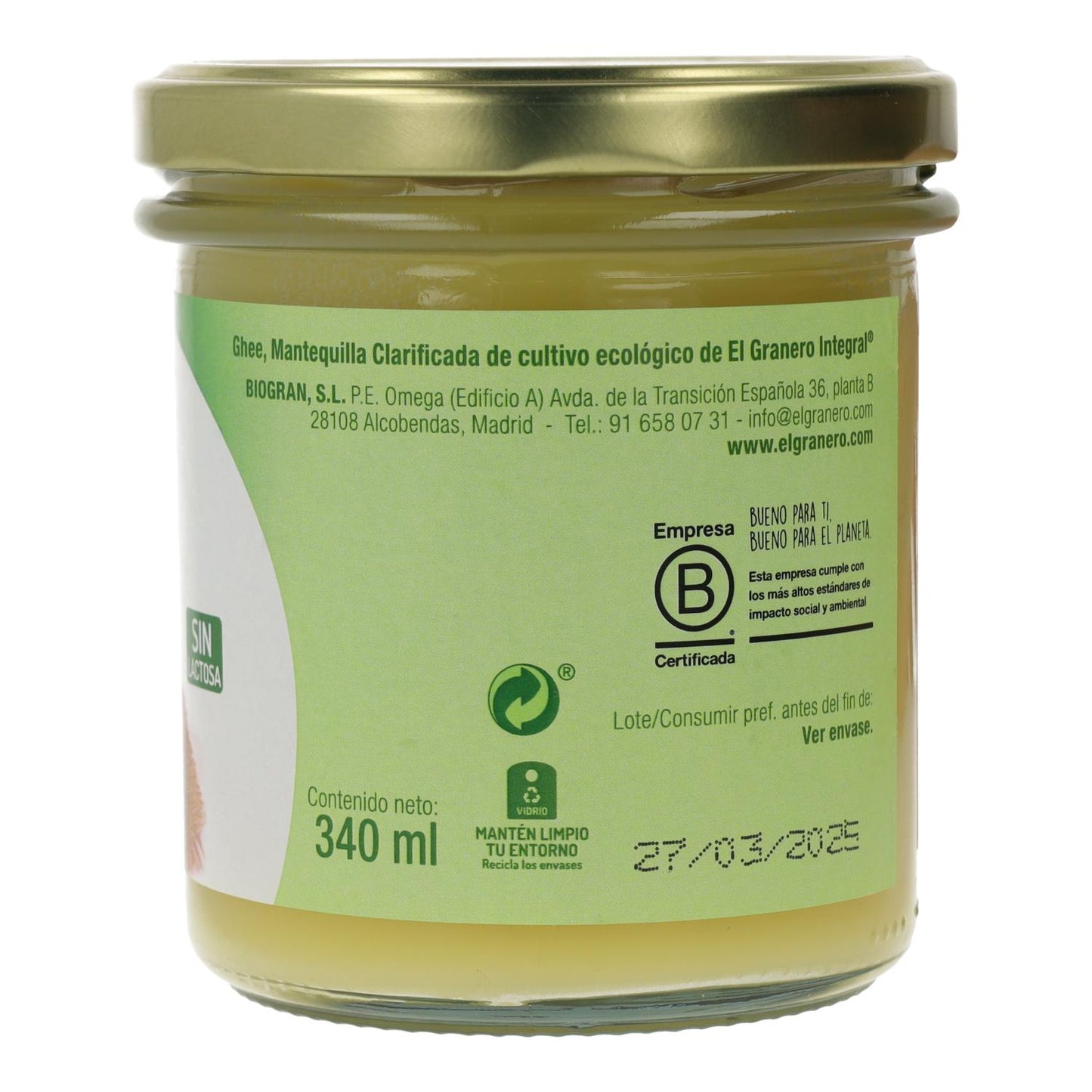 Manteiga clarificada ghee ayurvédica Bio El Granero, 340 ml
