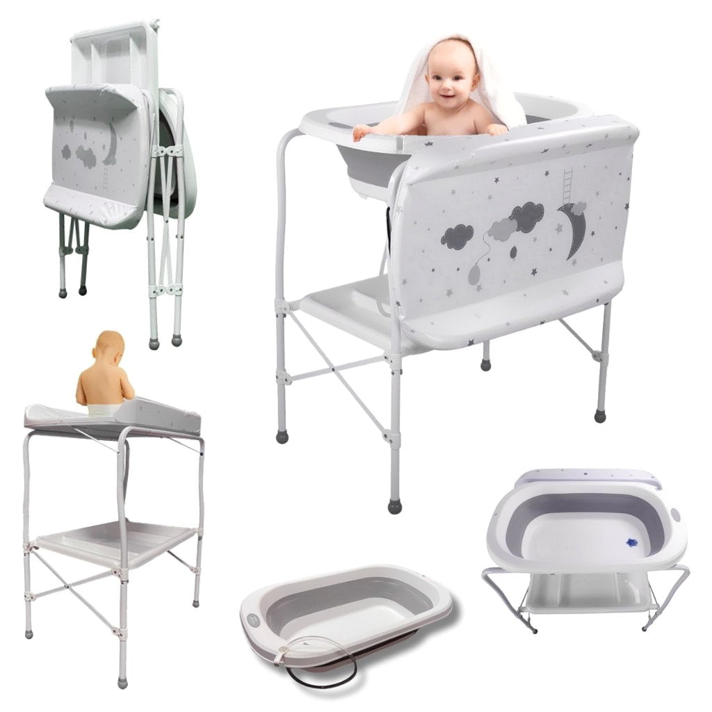 Bathby | Bañera Bebé 5 En 1 Plegable Con Soporte, Cambiador, Bandejas, Desagüe (gris Standard)_1
