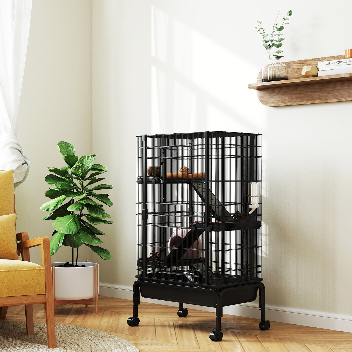 Pawhut Jaula Para Animales Pequeños De 4 Niveles Con Ruedas 69x44x120 Cm Negro_1