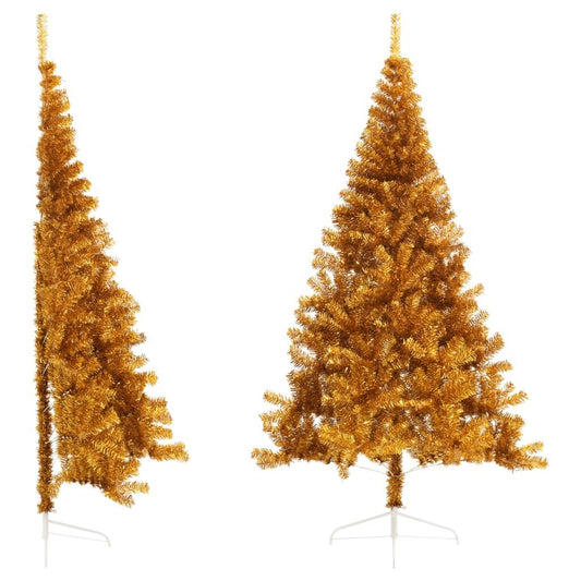 Vidaxl Medio Árbol De Navidad Artificial Con Soporte Pet Dorado 210 Cm_0