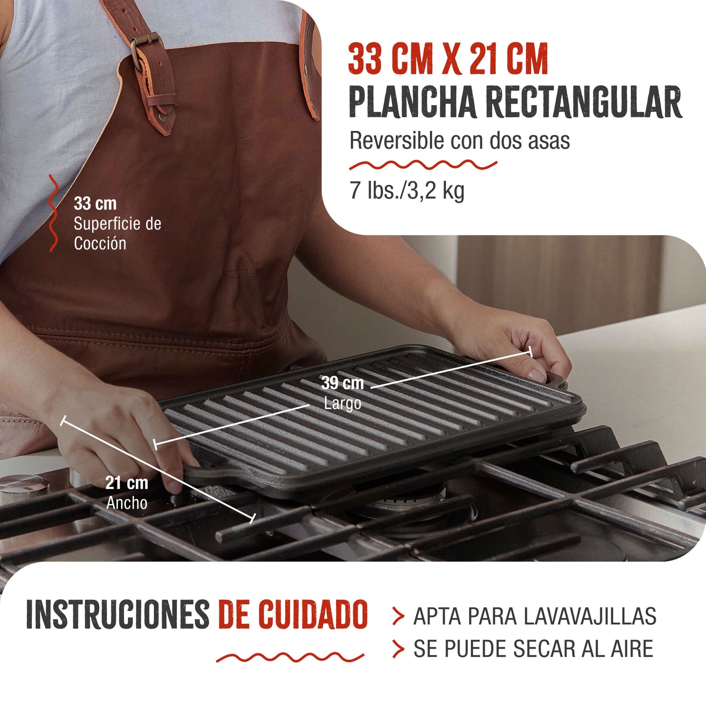 Victoria Plancha Cocina Hierro Fundido Esmaltado, Parrilla Reversible 33x21cm, Sin Pfoa, Fuego Barbacoa Sin Ptfe, 38793_4