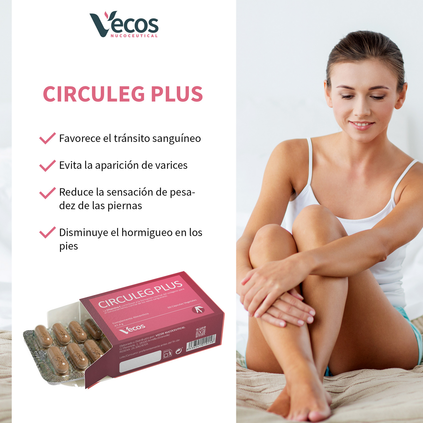 Circuleg Plus VECOS (60 cápsulas) | Piernas ligeras y Prevención de Varices | Uva, Rusco, Ginkgo y Vitamina C_3