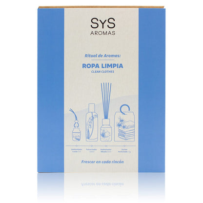 Pack Ropa Limpia SYS Aromas | Mikado 50ml + Spray 100ml + Coche 7ml + Sachet | Aroma Fresco y Límpio | Hecho en España_1