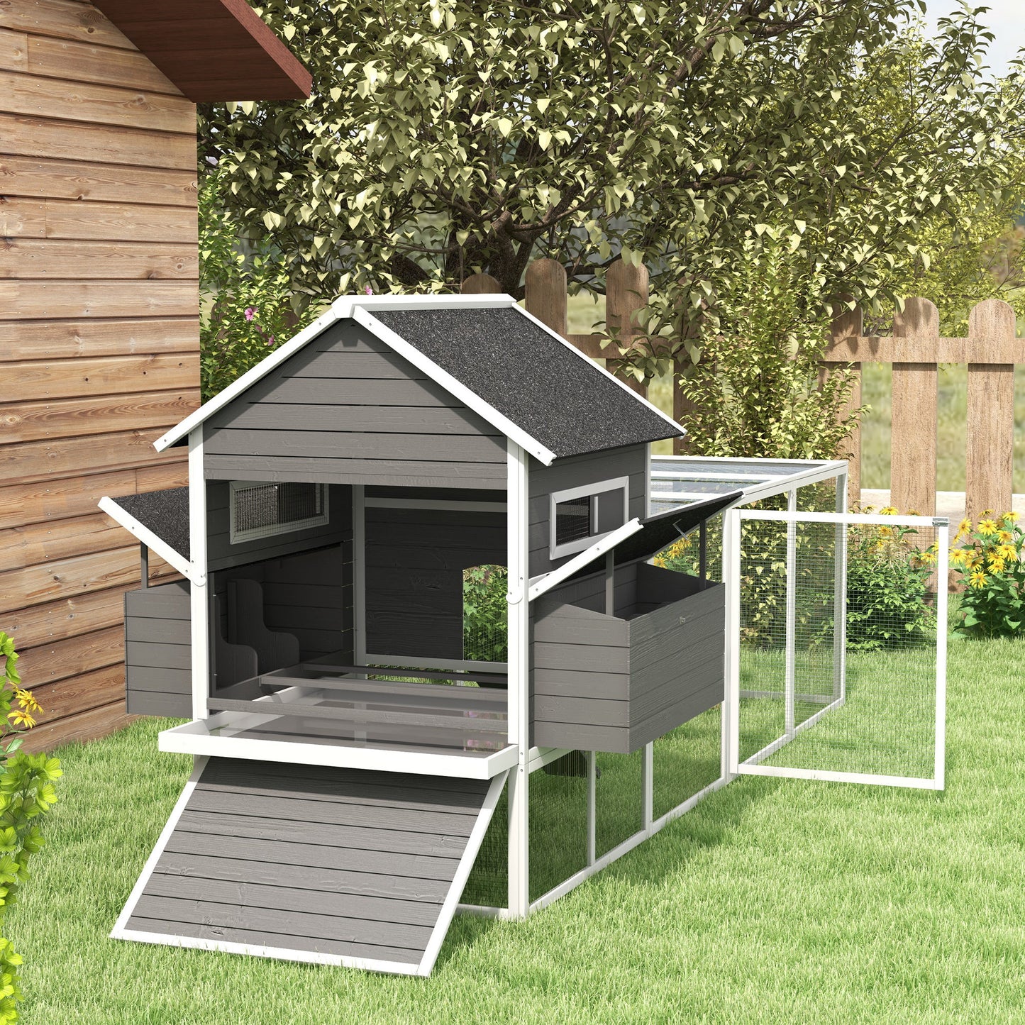 Pawhut Gallinero Para Exterior Con 2 Nidos Techo Asfáltico 347x160x150 Cm Gris_1