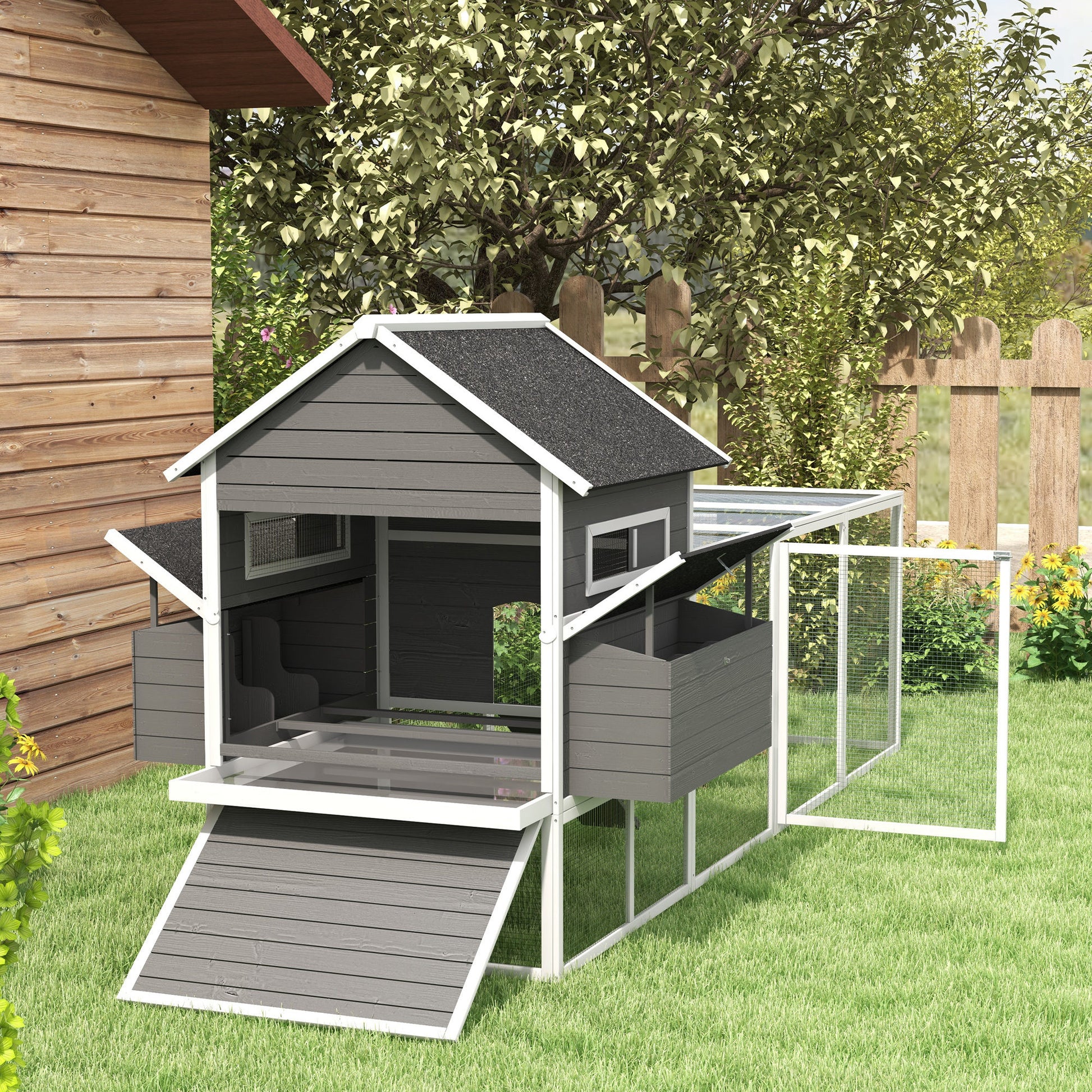Pawhut Gallinero Para Exterior Con 2 Nidos Techo Asfáltico 347x160x150 Cm Gris_1