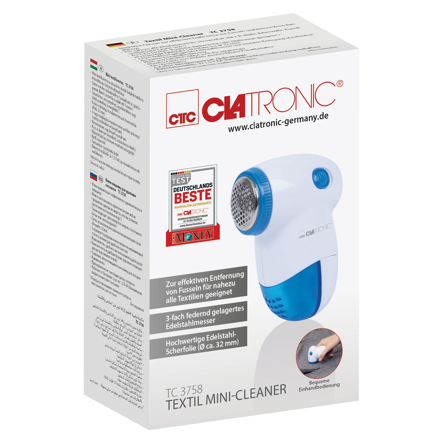 Quitapelusas Eléctrico, Elimina Pelotillas Ropa, Cuchillas Acero Inoxidable, Depósito Extraíble Clatronic Cla-tc3758 Blanco/azul_5