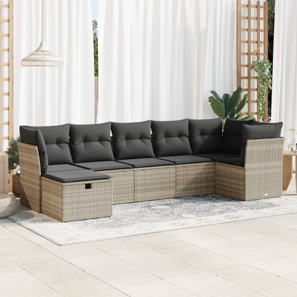 Set De Sofás De Jardín 7 Pzas Con Cojines Ratán Pe Gris Claro / Vetonek_2