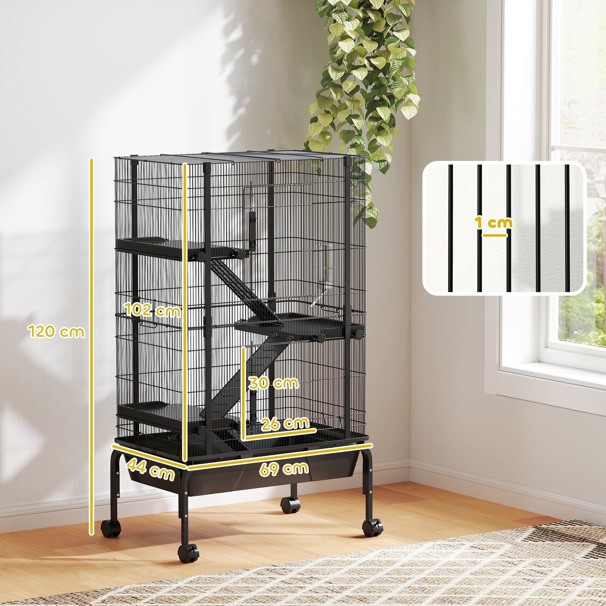 Pawhut Jaula Para Animales Pequeños De 4 Niveles Con Ruedas 69x44x120 Cm Negro_2
