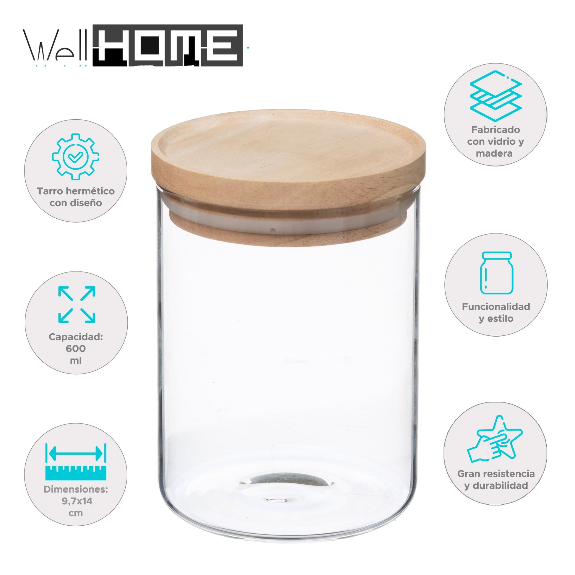 Wellhome - Tarro De Vidrio Y Madera, Cierre Hermético 600ml_1