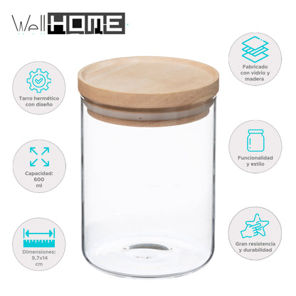 Wellhome - Tarro De Vidrio Y Madera, Cierre Hermético 600ml_1