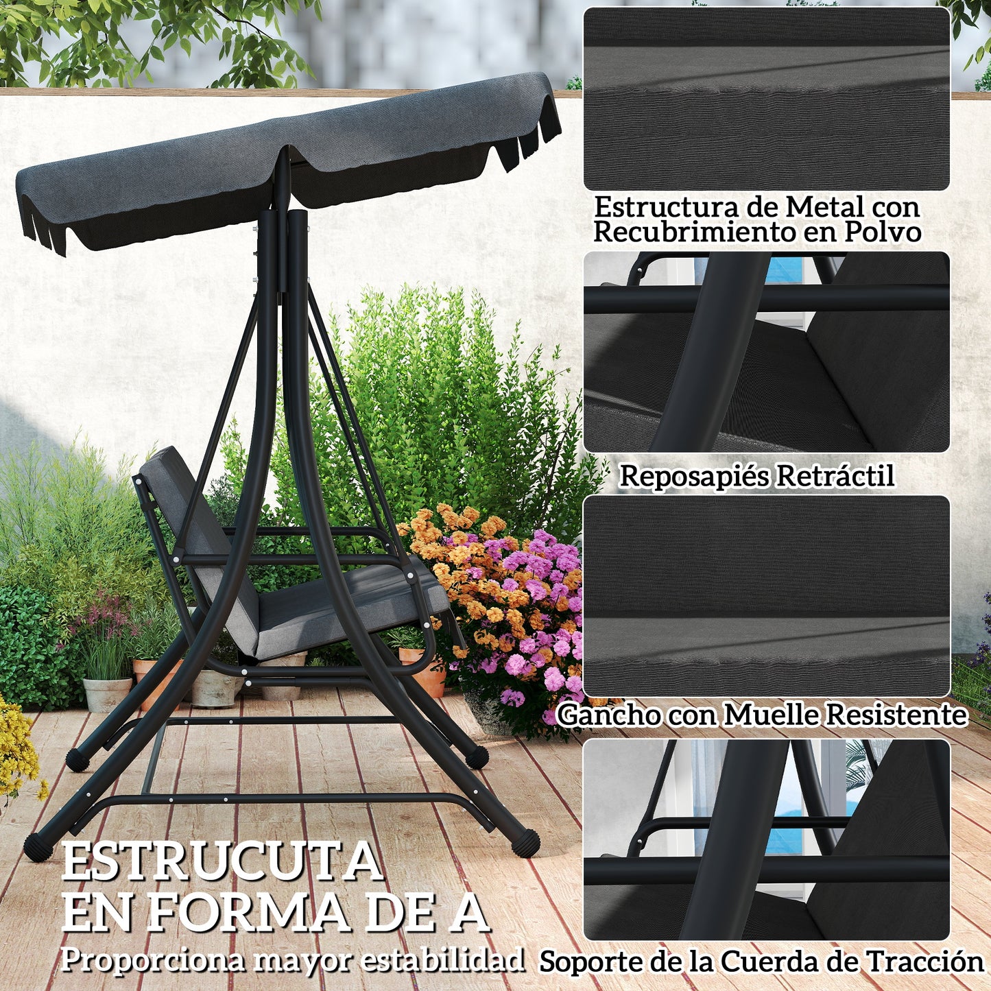 Outsunny Columpio De Jardín Exterior De 3 Plazas Con Toldo Ajustable Gris_5