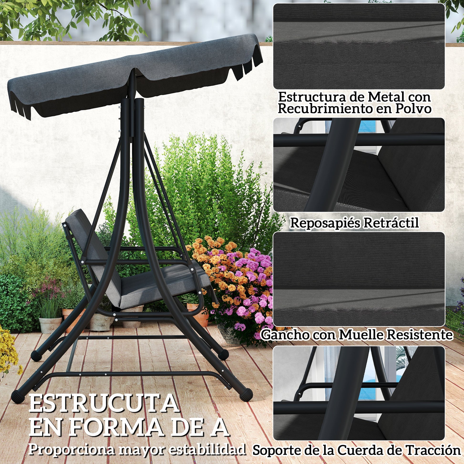 Outsunny Columpio De Jardín Exterior De 3 Plazas Con Toldo Ajustable Gris_5