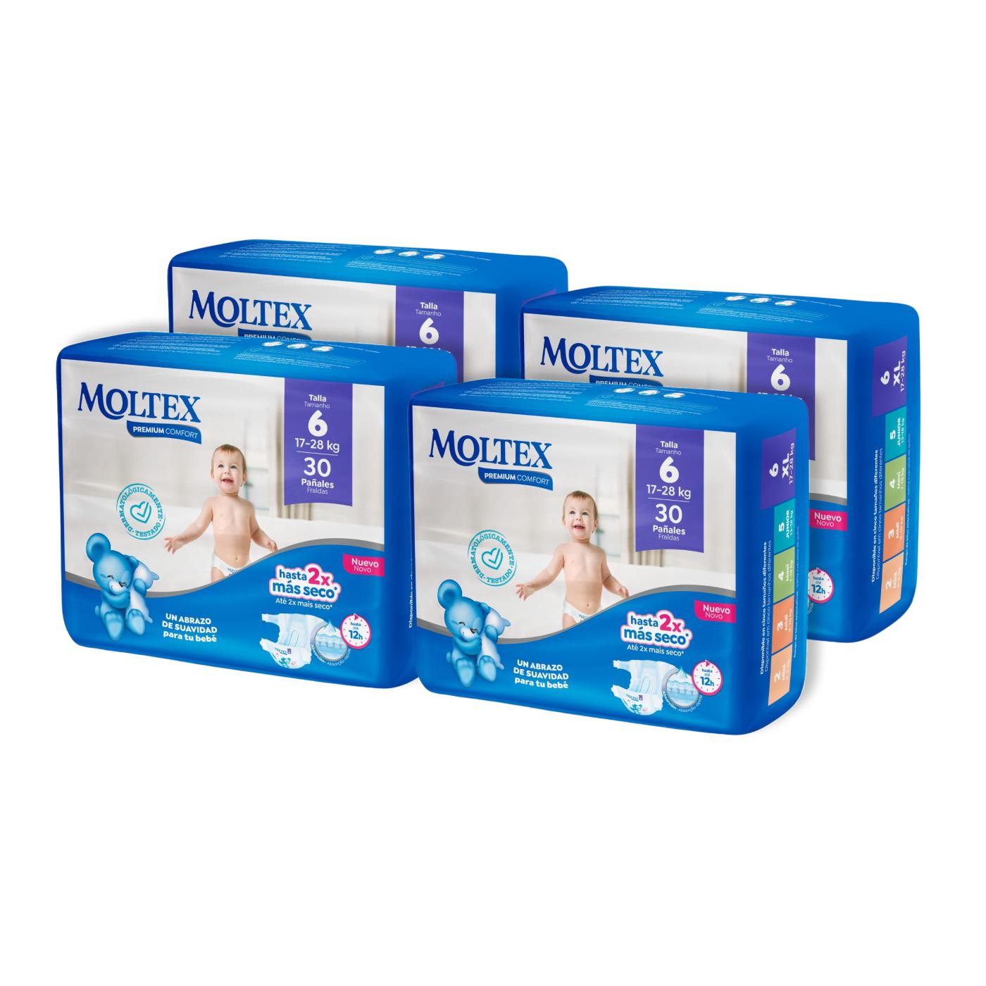 Embalagem de 4 fraldas Moltex Premium Comfort T6 (17-28 kg) 30 unidades