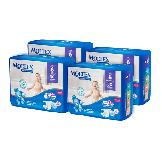 Embalagem de 4 fraldas Moltex Premium Comfort T6 (17-28 kg) 30 unidades