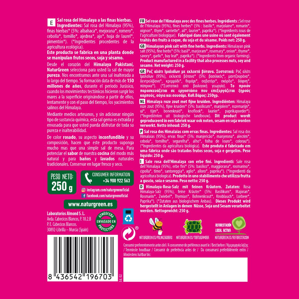 Sal Rosa dos Himalaias com Ervas Finas Orgânicas Naturgreen 250g
