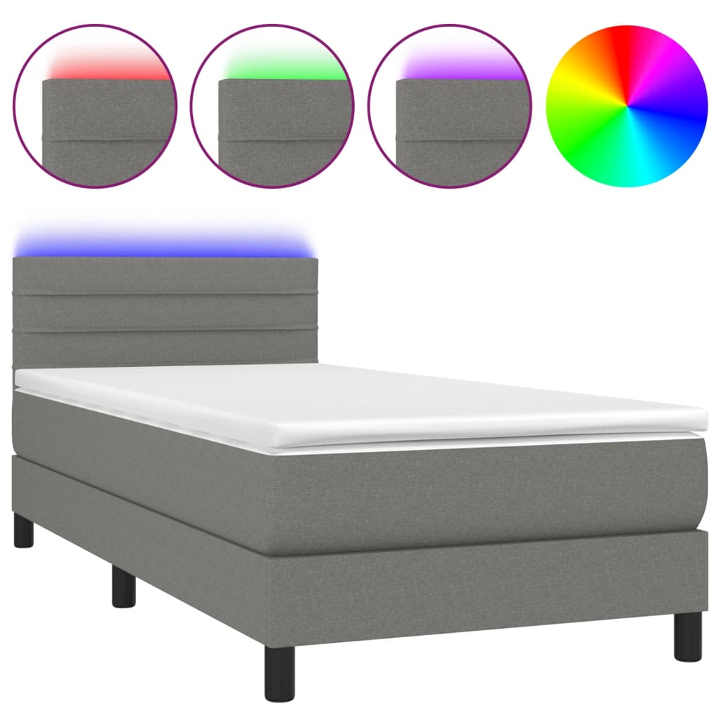 Cama Box Spring Colchón Y Luces Led Tela Gris Oscuro 90x190 Cm / Vetonek_0
