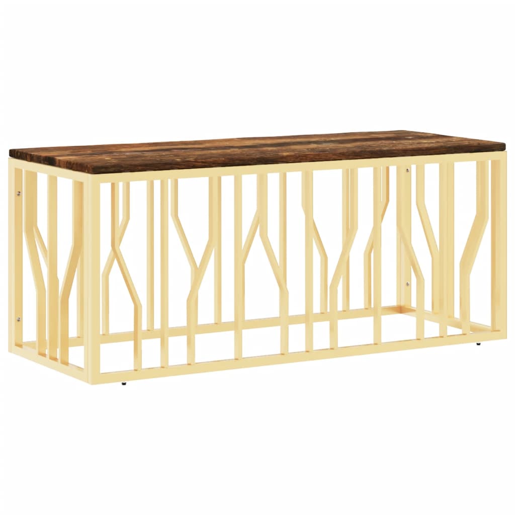 Mesa De Centro Acero Inoxidable Madera Maciza Reciclada Dorada_0