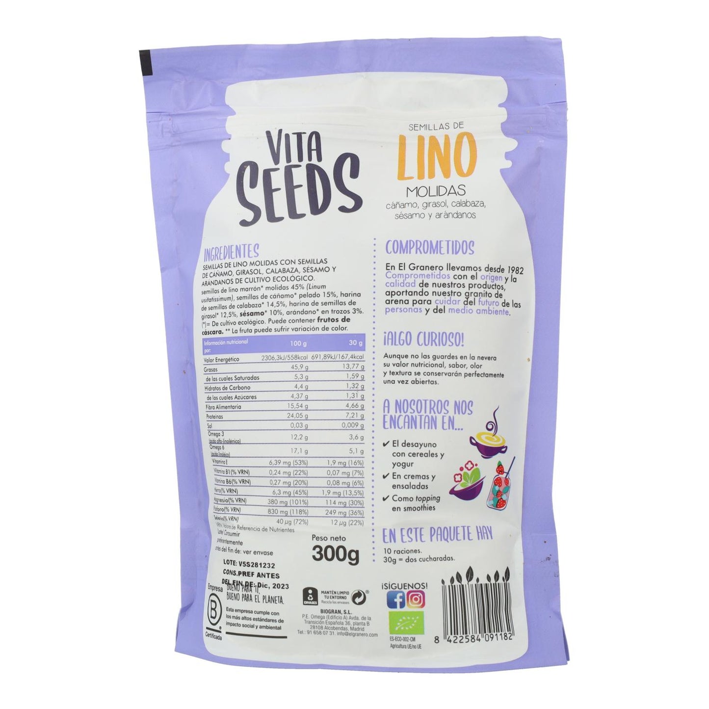 Sementes de Linho, Cânhamo, Girassol, Abóbora, Sésamo e Mirtilo Moídas Vitaseeds Bio El Granero, 300 g 