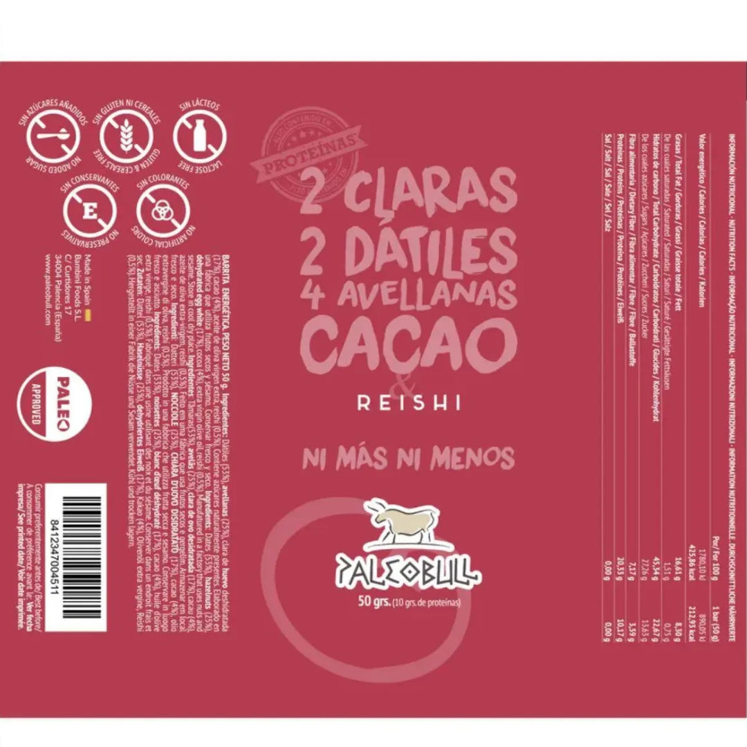 Embalagem de 10 barras energéticas PaleoBull de tâmaras, avelãs, reishi e cacau, 50 g
