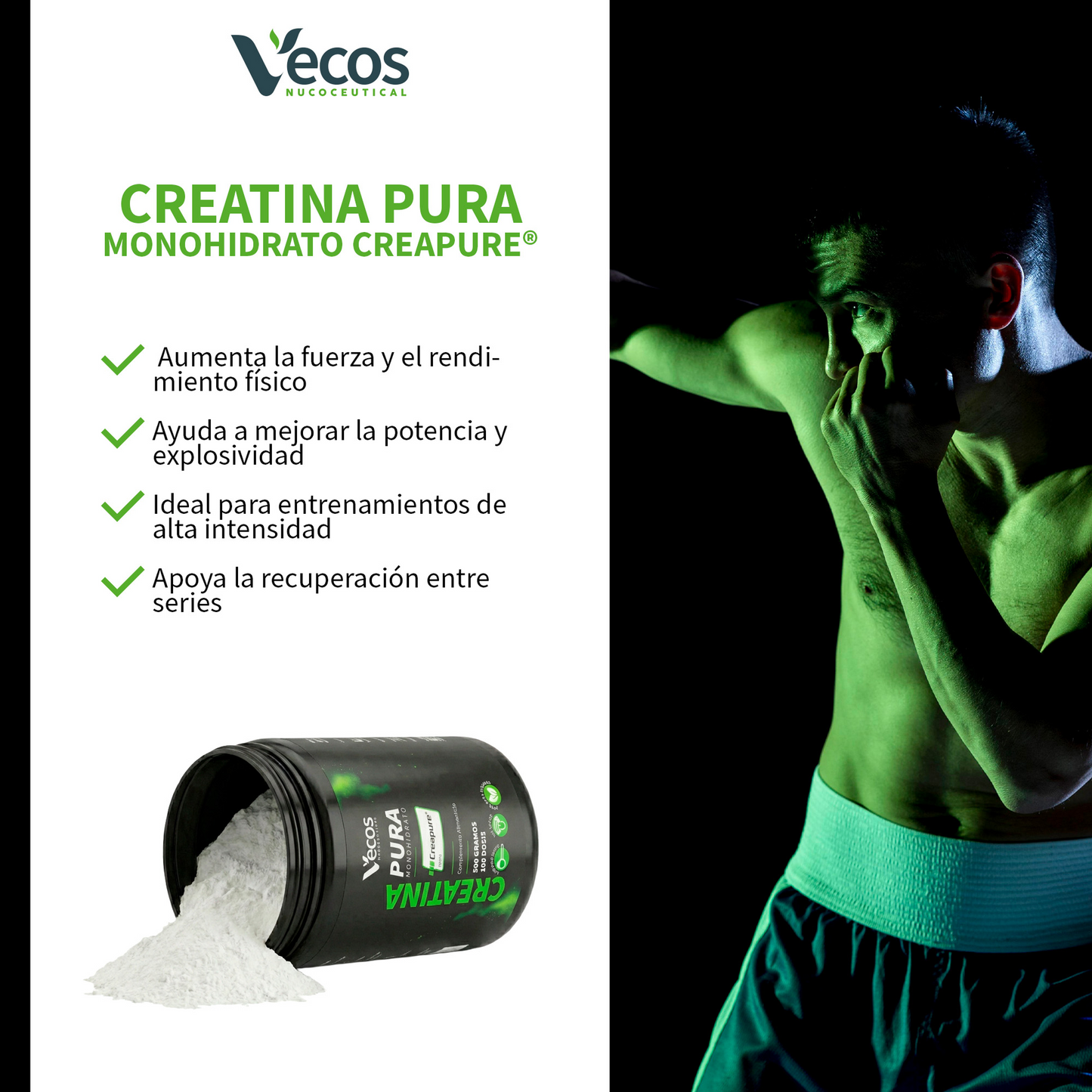 Creatina Monohidrato Creapure® Vecos 500 G | Fuerza, Potencia Y Rendimiento | 5000 Mg De Alta Pureza Por Dosis_3