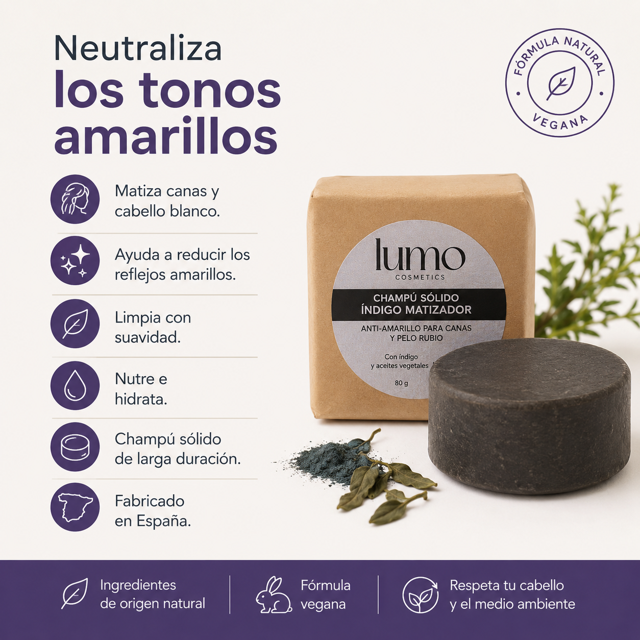 Champú Sólido Índigo 80 g | Matizador Antiamarillo para Canas y Cabello Rubio_1