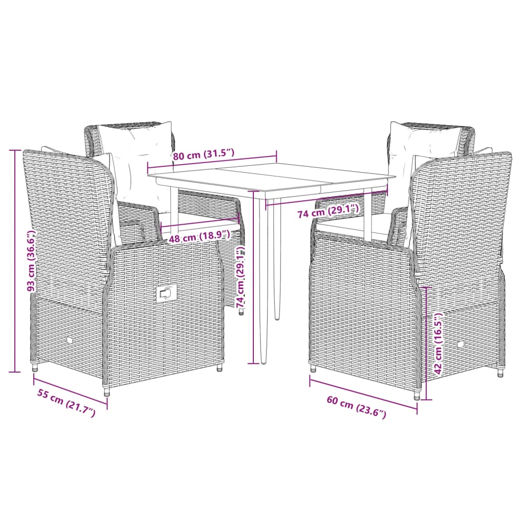 Set Comedor De Jardín 5 Pzas Cojines Ratán Sintético Gris Claro / Vetonek_5