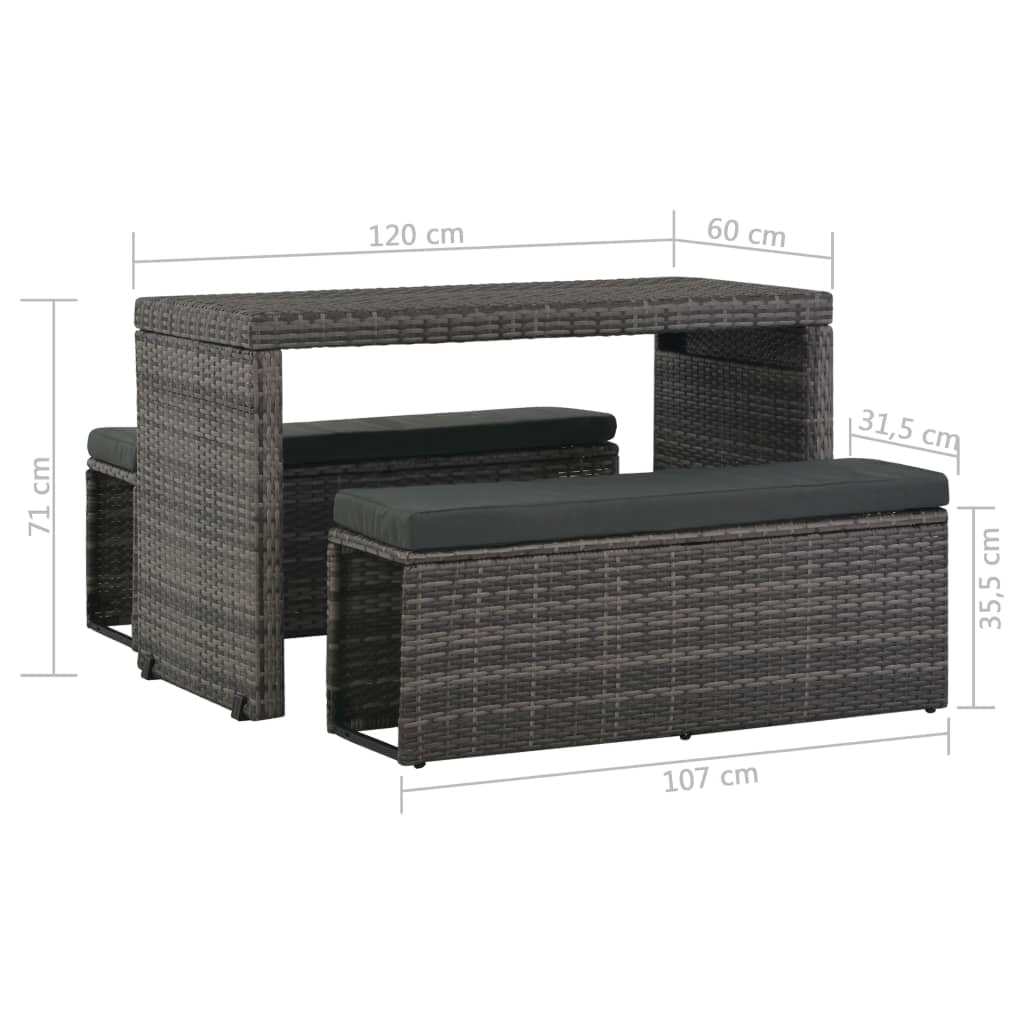 Vidaxl Set De Comedor De Jardín 3 Pzs Y Cojines Ratán Sintético Gris_2