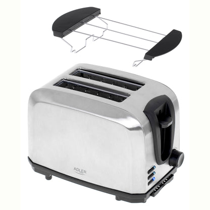 Tostadora Pan 2 Rebanadas, 7 Niveles Tostado 3 Funciones, Calienta Panecillos, Acero Inoxidable Adler Ad3222, Acero Inoxidable, 1000w_0