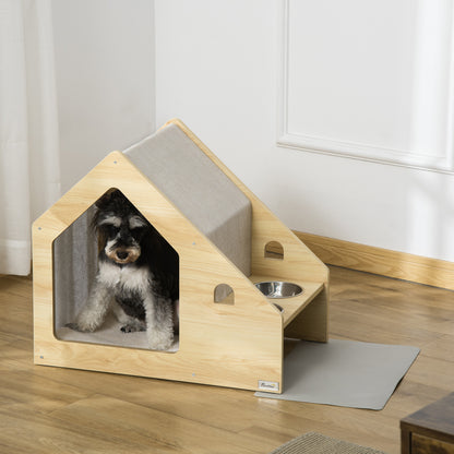 Pawhut Caseta De Madera Para Interior Con Comedero 2 Cuencos Y Cojín 62x40x54cm_1