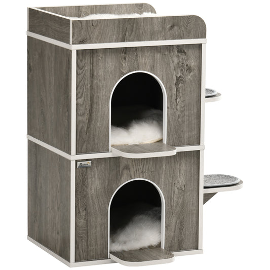 Pawhut Caseta Para Gatos De Madera Con 3 Cojines 2 Orificios 68x53x80,5 Cm Gris_0