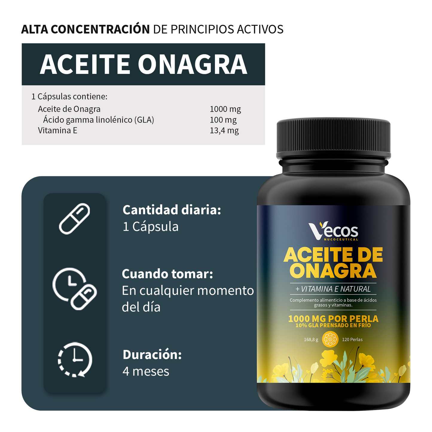 Aceite de Onagra 1000 mg VECOS | Equilibrio hormonal femenino | Rico en GLA | Prensado en frío_2