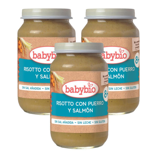 Embalagem com 3 unidades de risoto com alho francês e salmão Babybio 200 g