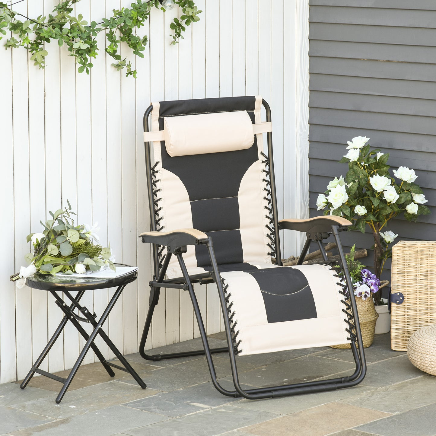 Outsunny Tumbona Plegable Acero Con Portavasos Reposacabezas Extraíble 90x75x110_1