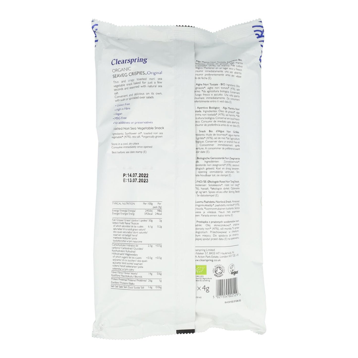 Embalagem de 5 unidades BIO Snack de Alga Nori tostada BIO Clearspring 4 g