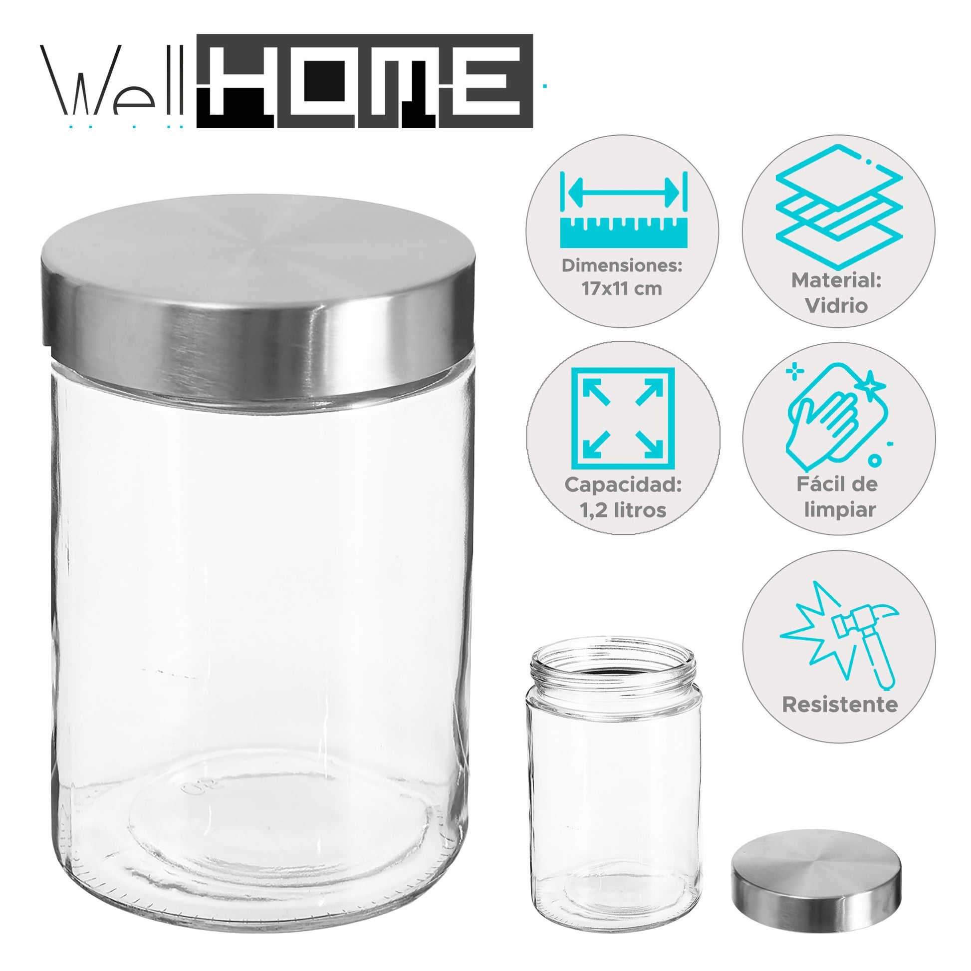 Well Home Tarro De Vidrio Y Acero Inoxidable De 1,2l Ø11cm_1