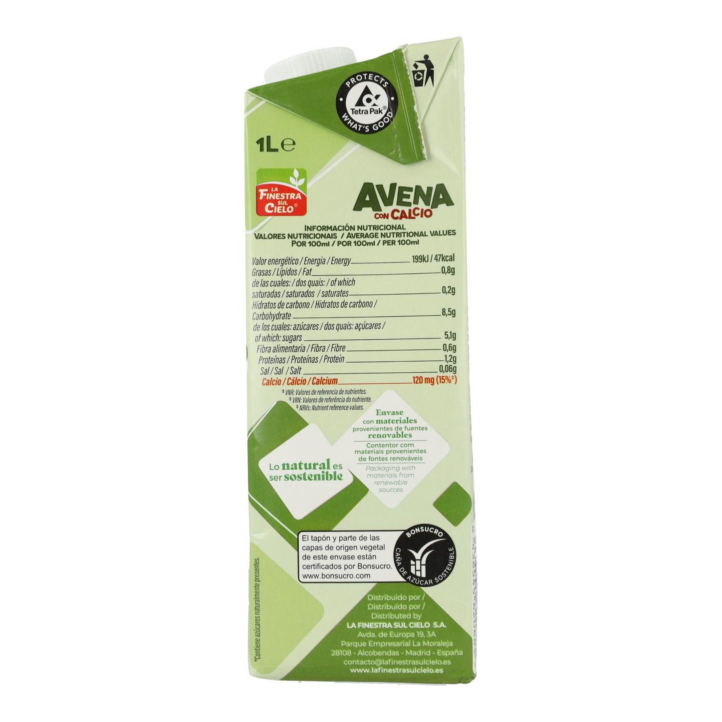 Pack de 6 x Bebida de Aveia com Cálcio La Finestra Sul Cielo 1 L