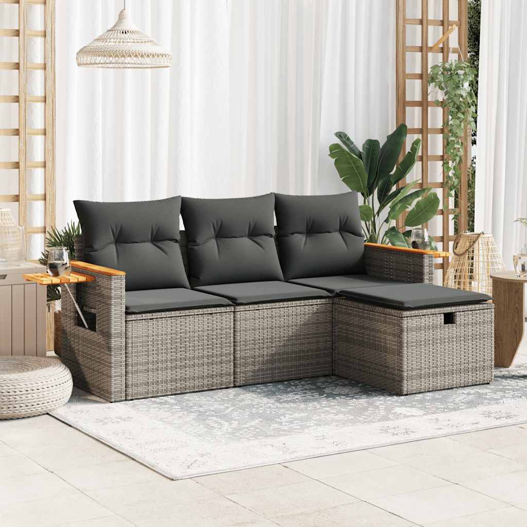 Set De Sofás De Jardín 4 Pzas Y Cojines Ratán Sintético Gris / Vetonek_4