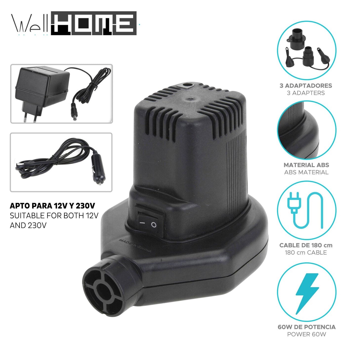 Well Home Infalador Electrónico 12volt/230volt Adaptador Con Ce Con 3 Boquillas_1