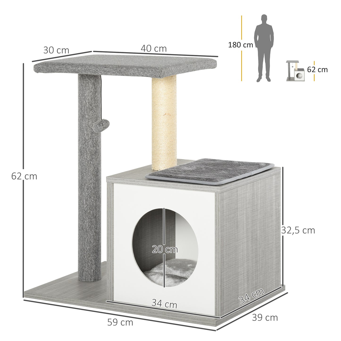 Pawhut Árbol Para Gatos 59x39x62 Cm De 3 Niveles Con Plataformas Postes Cueva_2