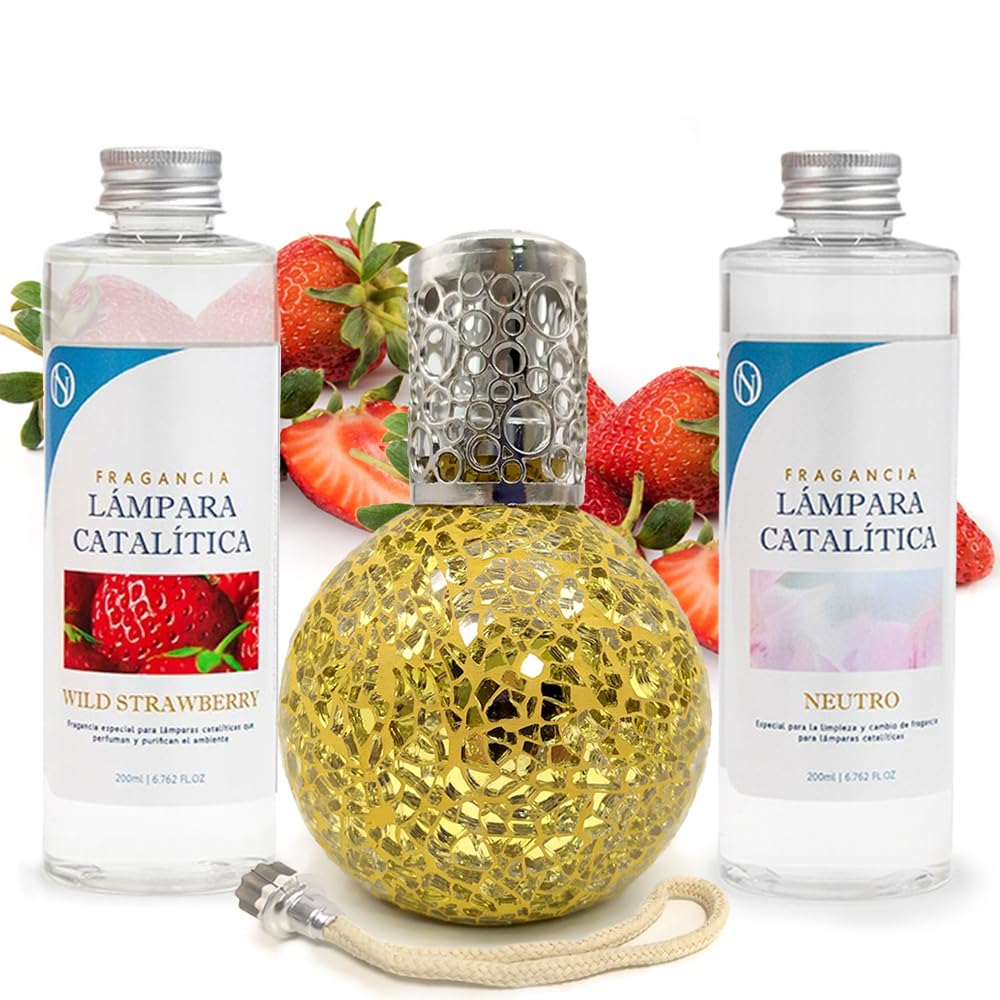 Pack Ahorro Lámpara Catalítica Mosaico Dorado + Aroma Wild Strawberry 500ml + Limpiador Neutro 200ml + Mecha Repuesto_0