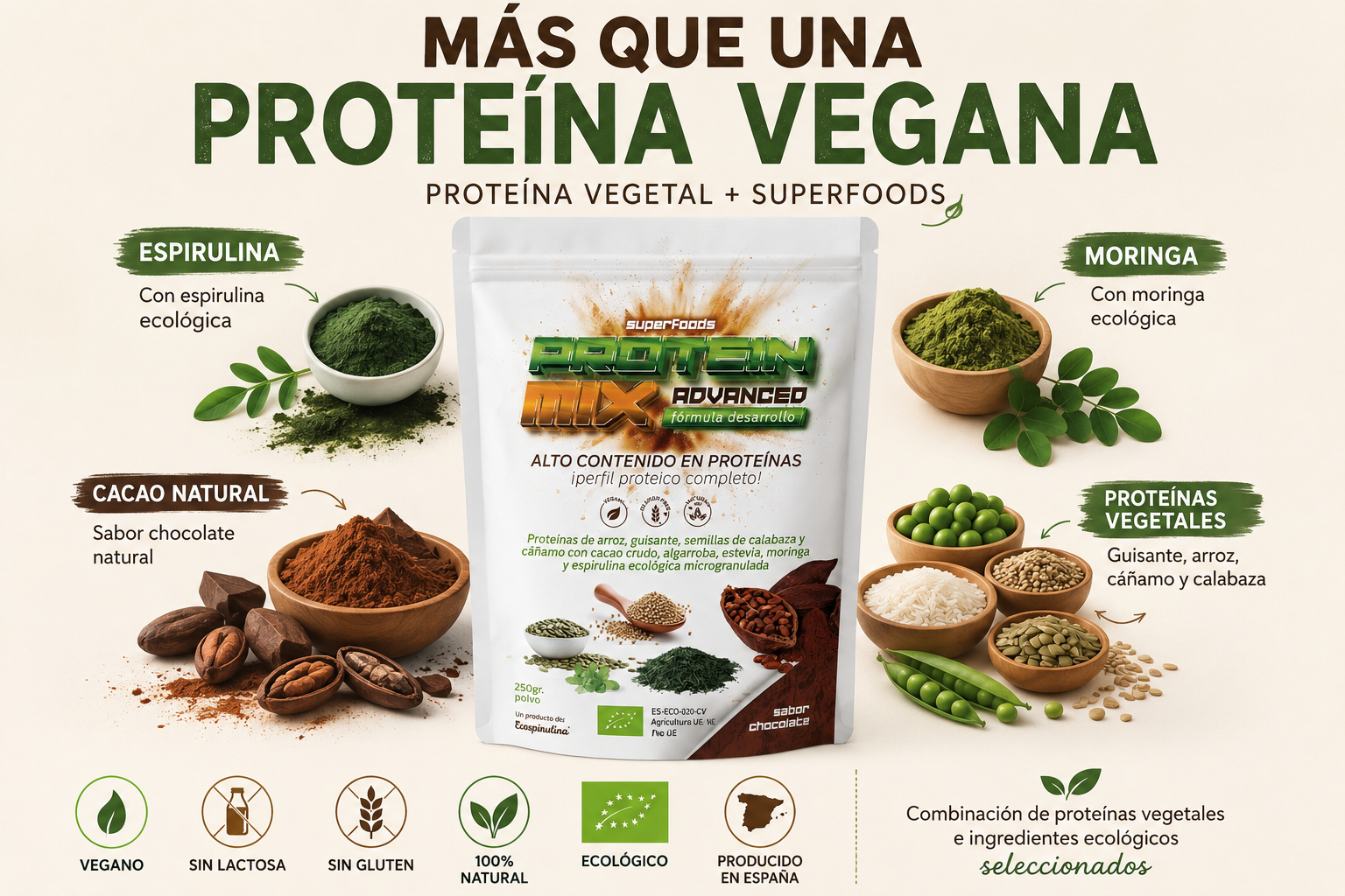 Proteína Vegetal Ecológica Con Espirulina Y Moringa Ecospirulina Chocolate 250 G_2