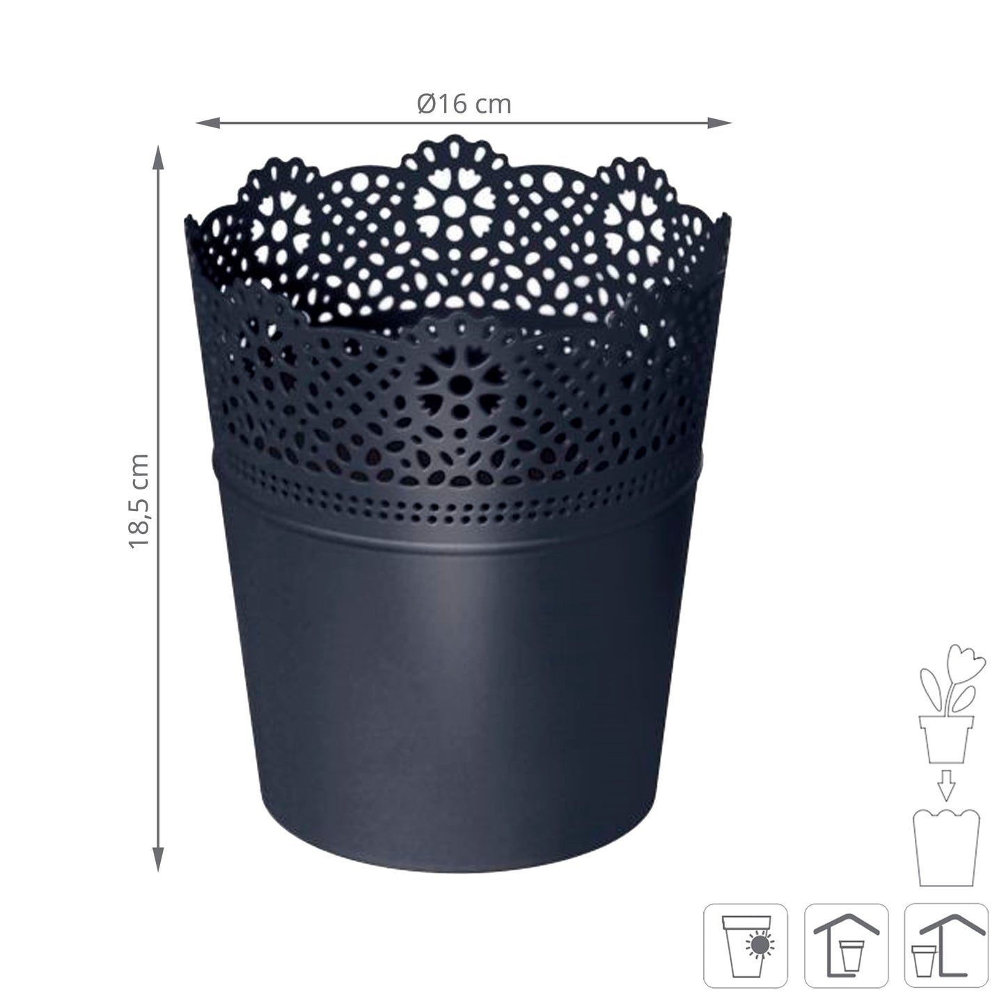 Maceta Lace , Dimensiones (mm) 160x160x185, Color Antracita