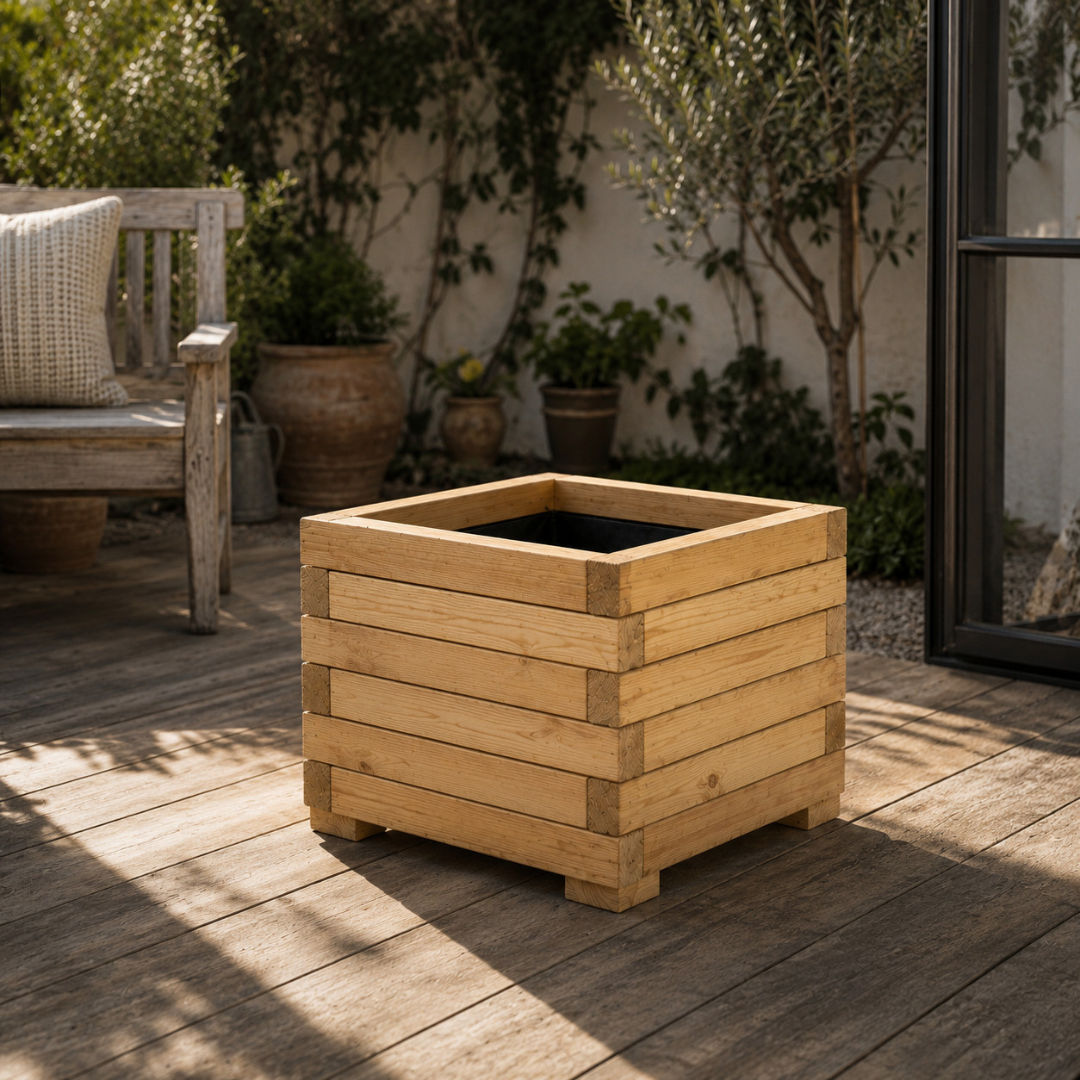 Jardinera Cuadrada De Madera De Pino Tratada Exterior Con Malla Geotextil 70x70x44 Cm 145 L_3
