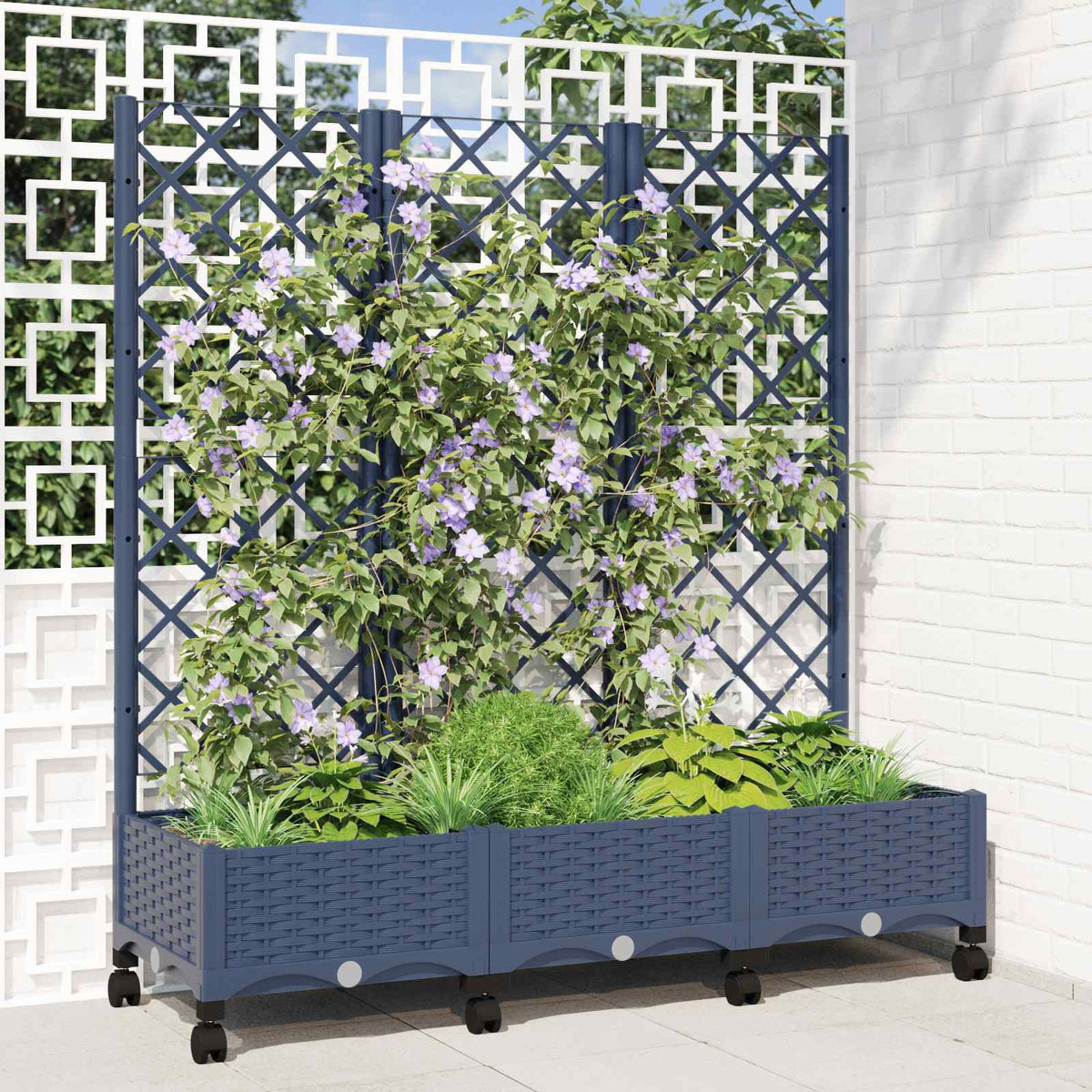 Jardinera Con Enrejado Y Ruedas Gris Azulado Pp_1
