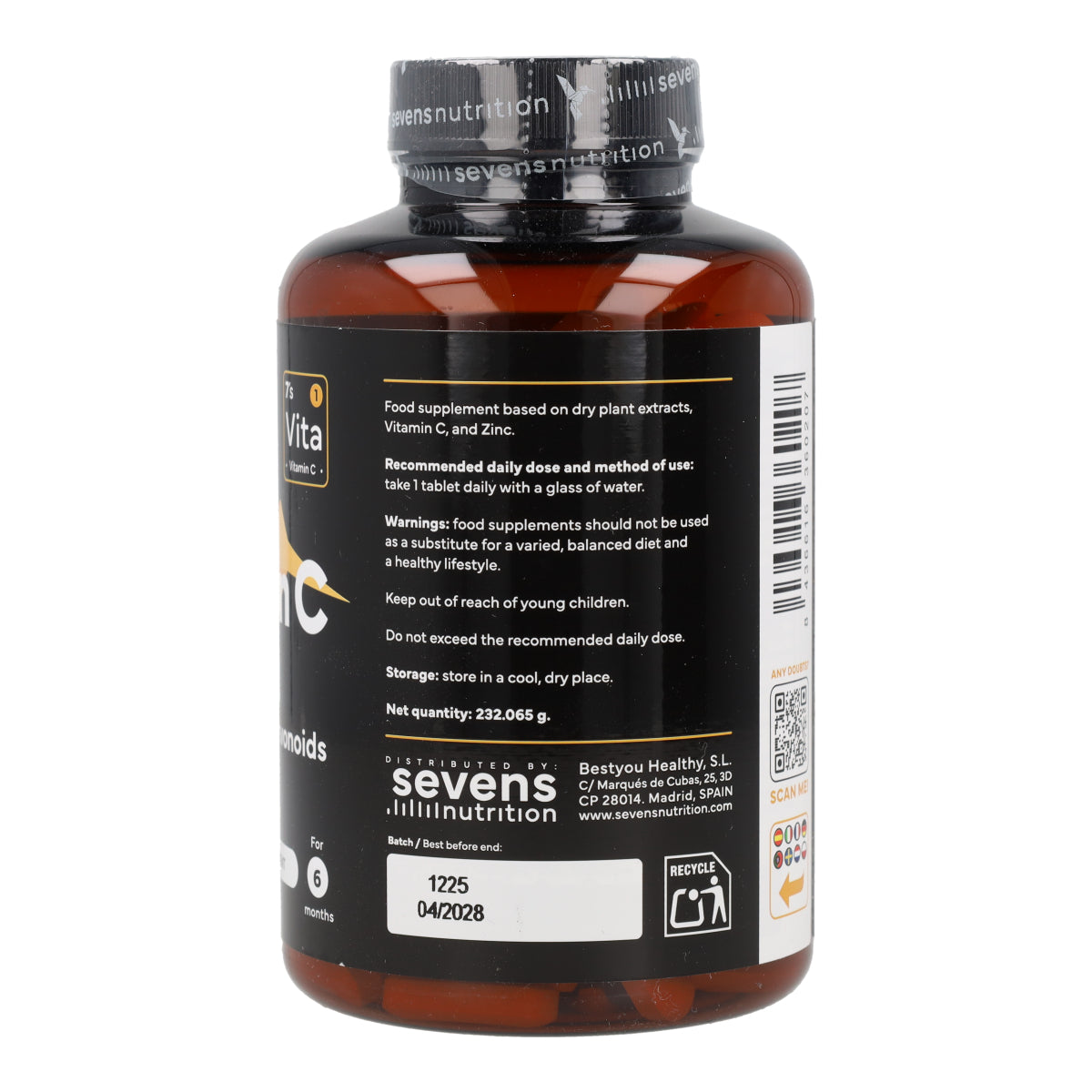 Vitamina C con Zinc Bioflavonoides y Rosa Mosqueta Sevens Nutrition 180 cápsulas