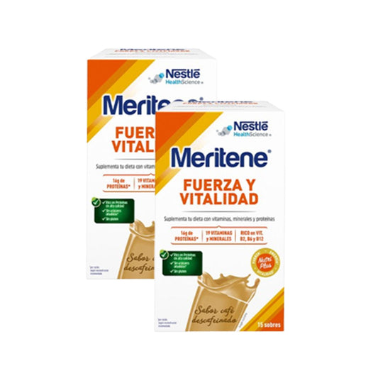 Embalagem de 2x MERITENE SHAKE DE FORÇA E VITALIDADE Café Descafeinado 15 saquetas x 30g